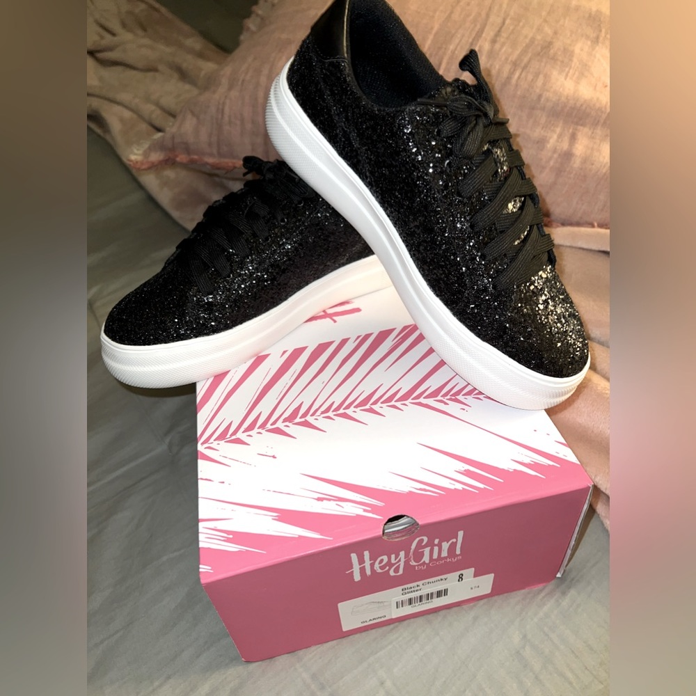 New in box Corky's Hey Girl black glitter platform tennis shoes